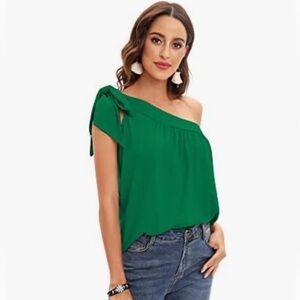 Ladies Green One Shoulder Top with bow tie.  Size L